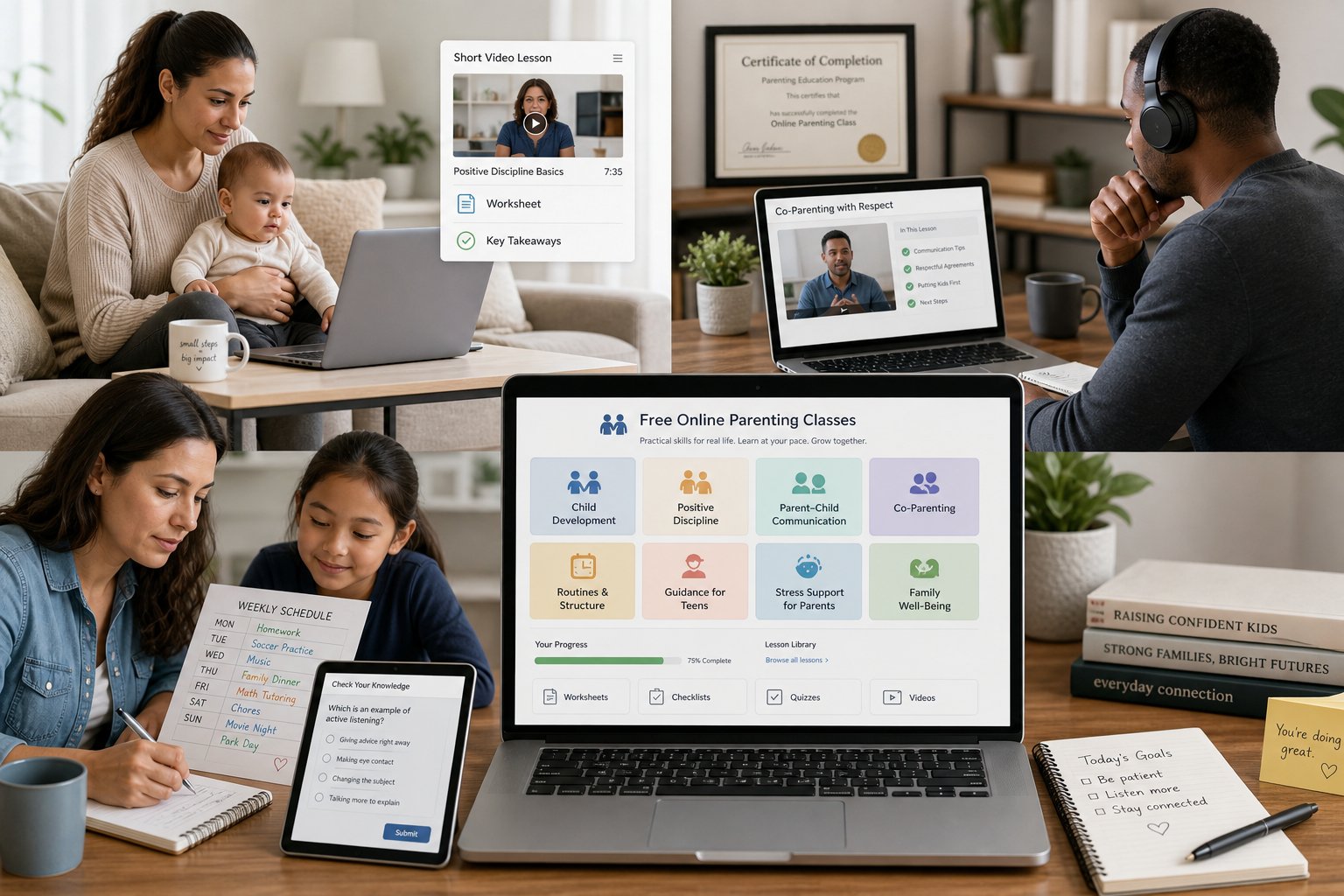 Free Parenting Classes Online With Certificate: Will a Court Accept Them? 2 Parents using online parenting class materials on laptops in a modern home office.