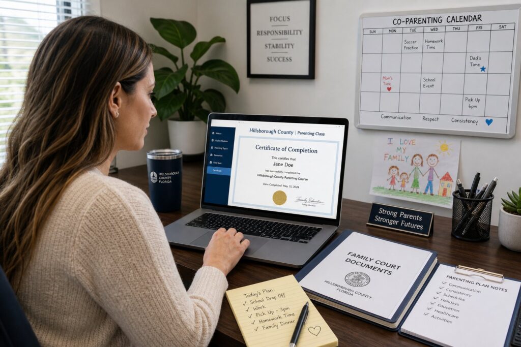 Parents reviewing family court documents with an advisor in a modern legal office.