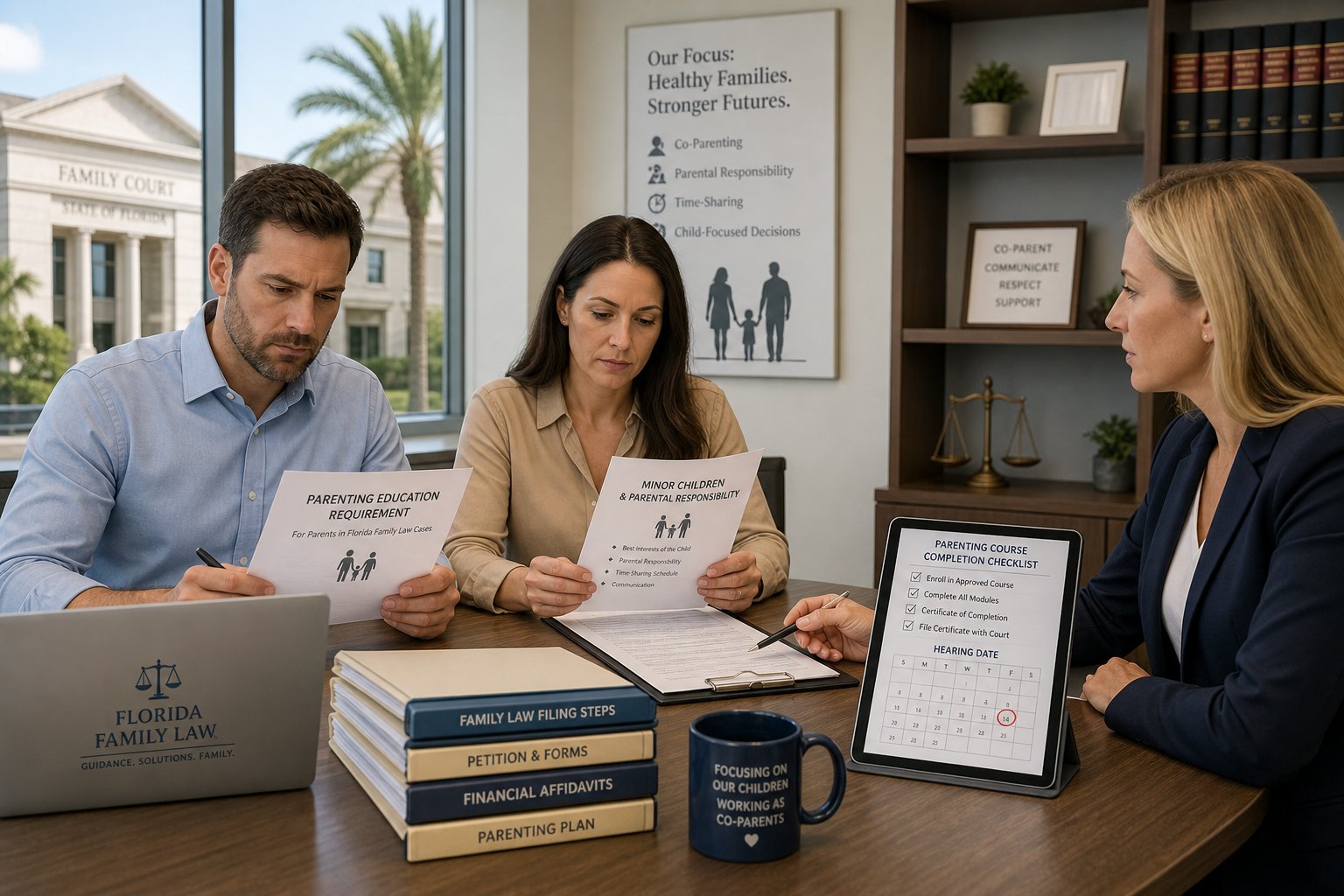 Hillsborough County Parenting Class for Divorce 2 Parents reviewing family court documents with an advisor in a modern legal office.