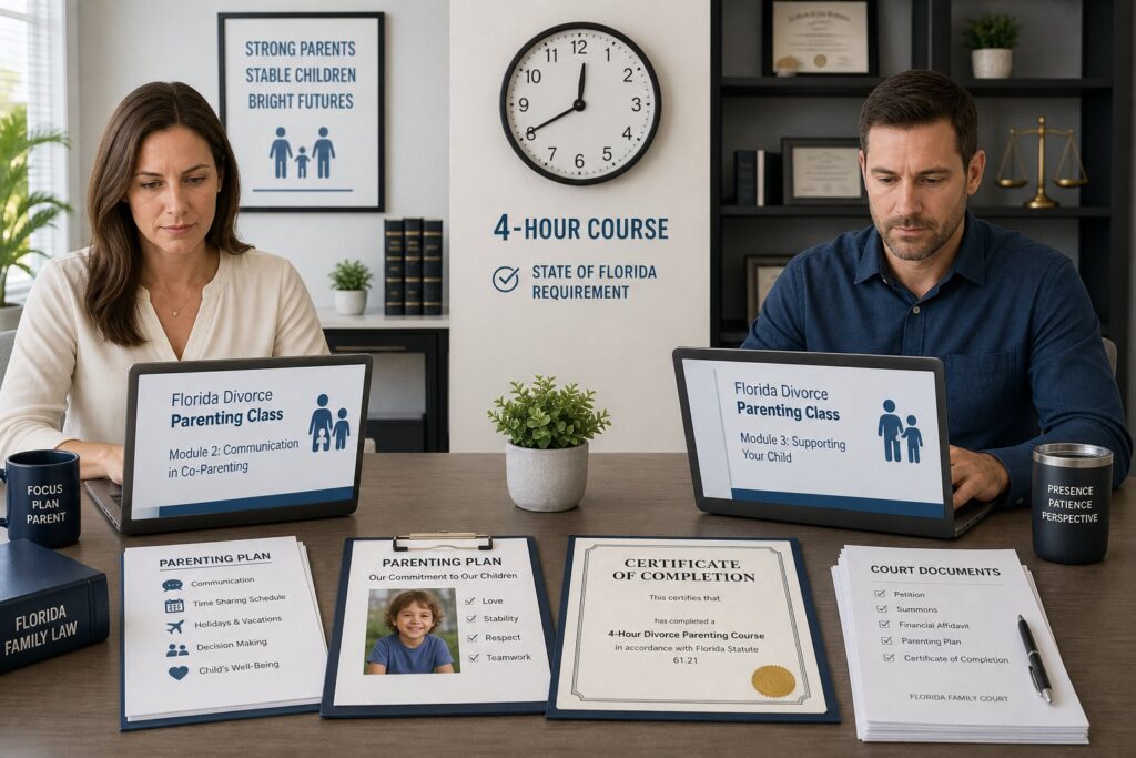 Online Florida parenting class dashboard showing a 4-hour course and certificate.