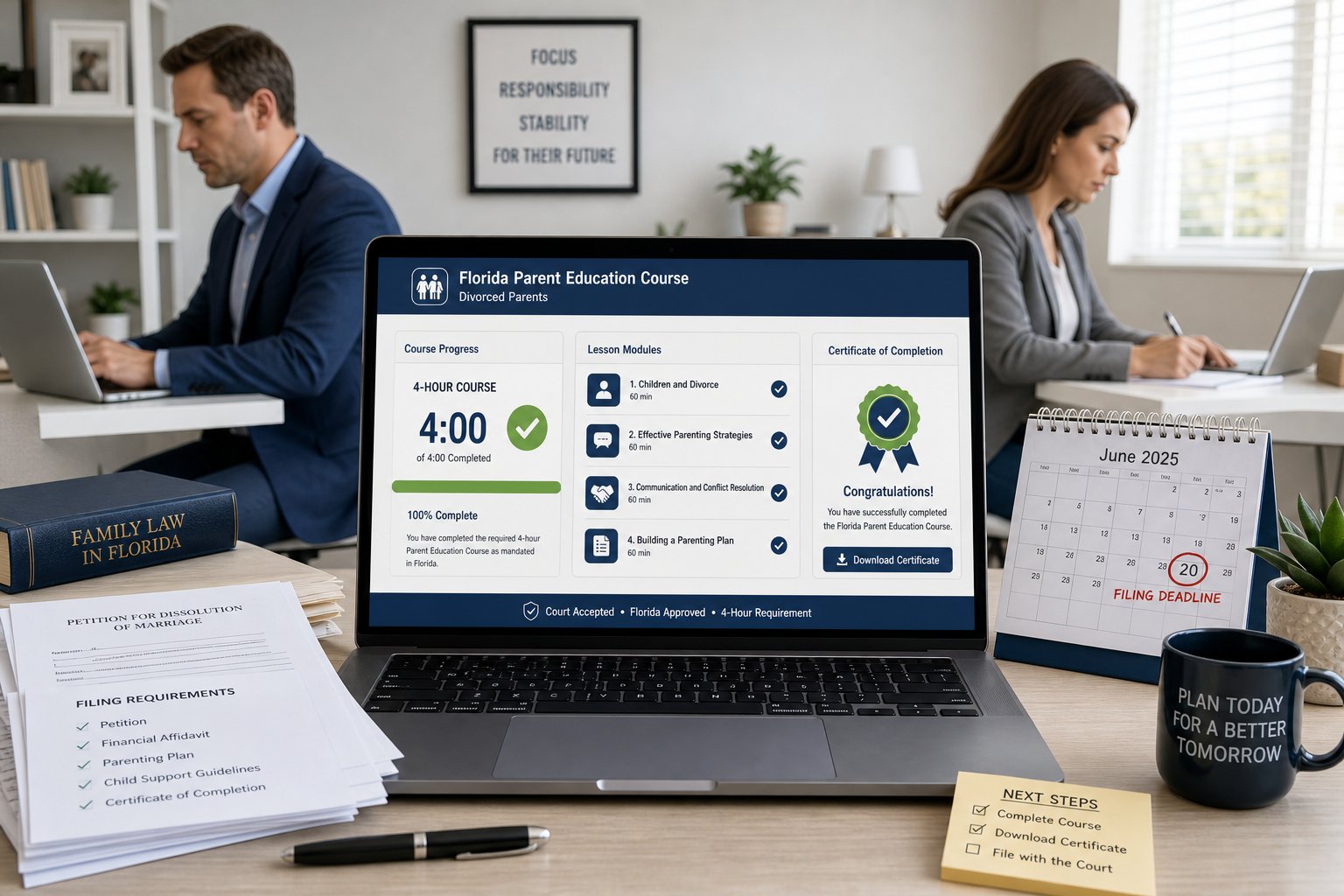 How Long Is the Florida Parenting Class for Divorce? 2 Online Florida parenting class dashboard showing a 4-hour course and certificate.