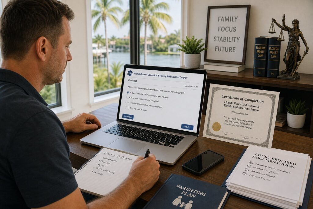 Parents reviewing a Florida parenting course with a legal professional.