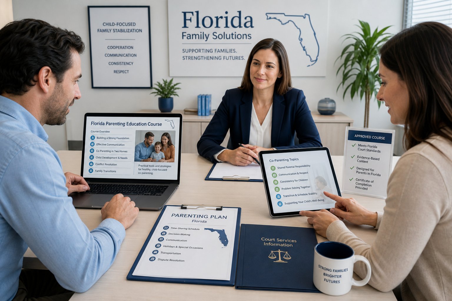 Parents reviewing a Florida parenting course with a legal professional.