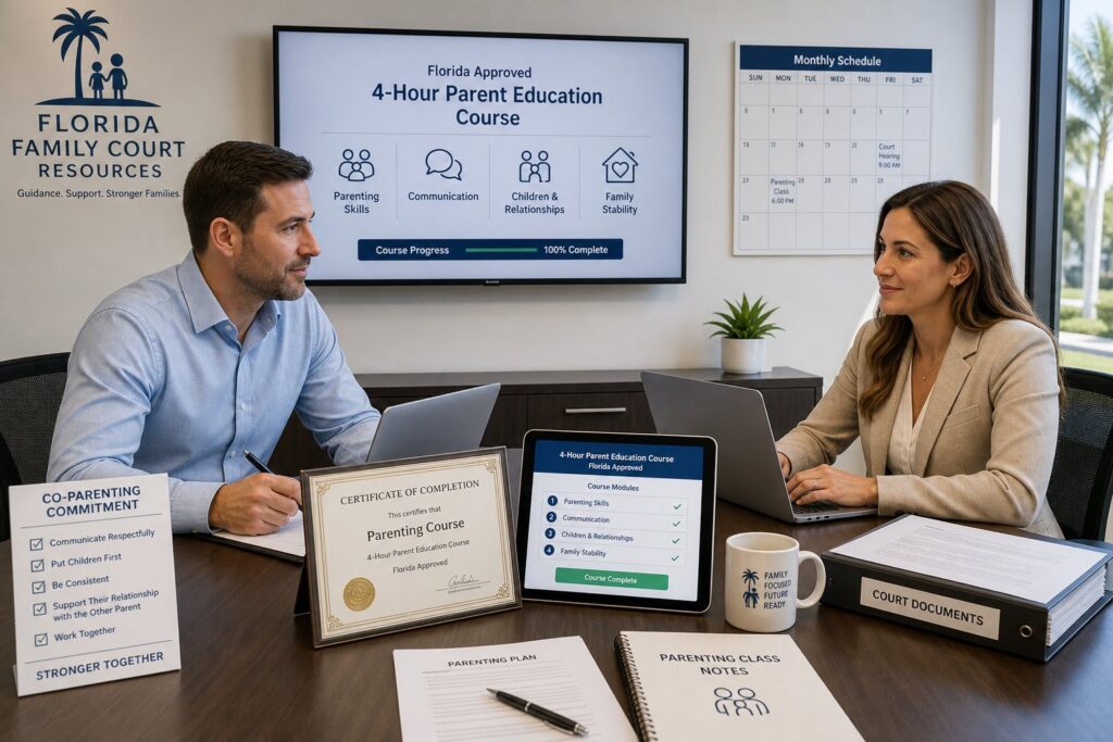 Parents reviewing a court-approved parenting class plan with a professional.