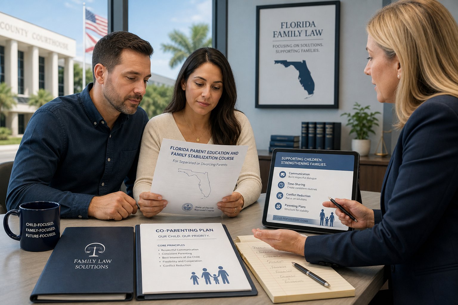Parents reviewing a court-approved parenting class plan with a professional.