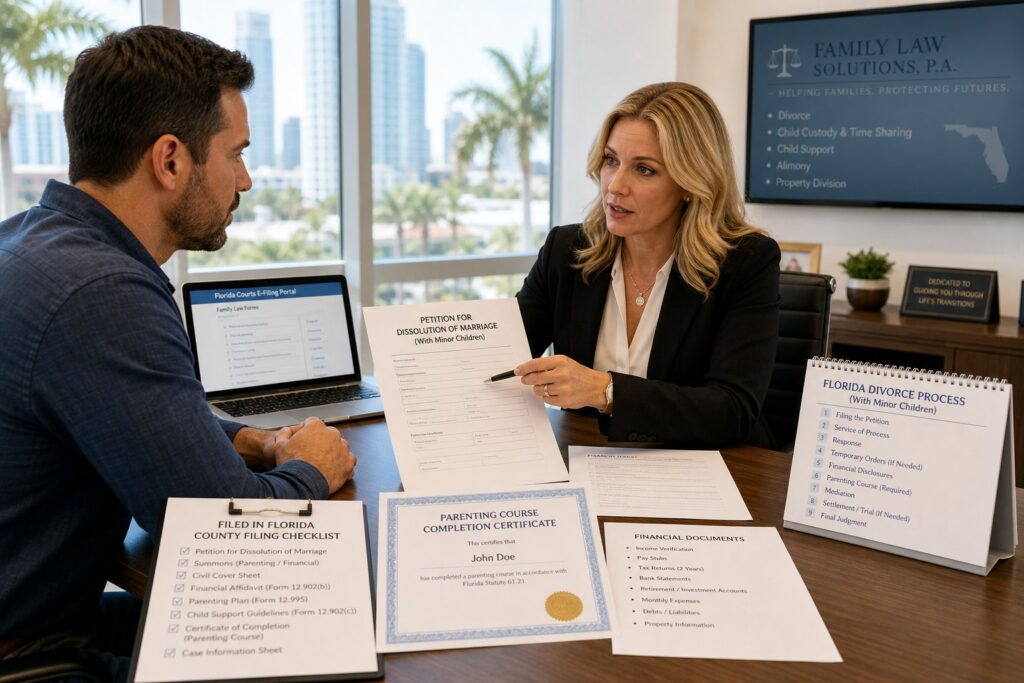 Professional reviewing Florida divorce forms and residency documents at a desk.
