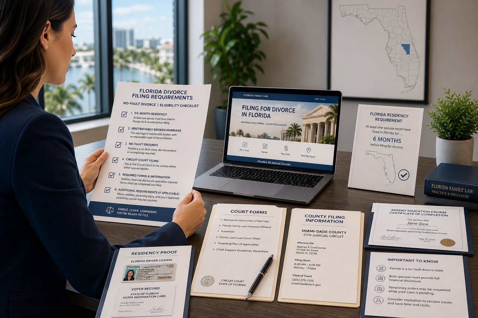 How to File for Divorce in Florida With Minor Children: The Parent Course Step 2 Professional reviewing Florida divorce forms and residency documents at a desk.