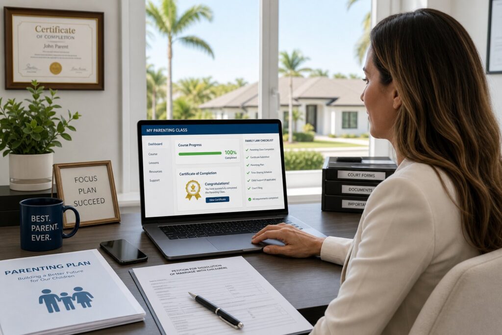 Parents reviewing Florida online parenting class requirements on separate laptops.