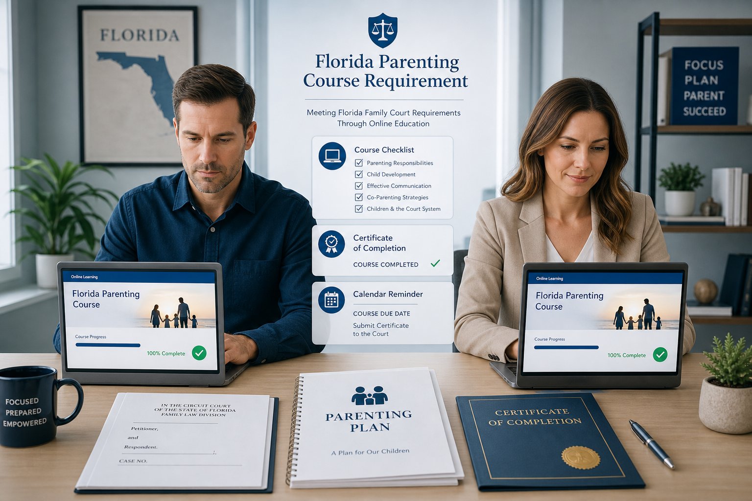 How to Finish a Florida Parenting Class Quickly Without Missing Requirements 2 Parents reviewing Florida online parenting class requirements on separate laptops.