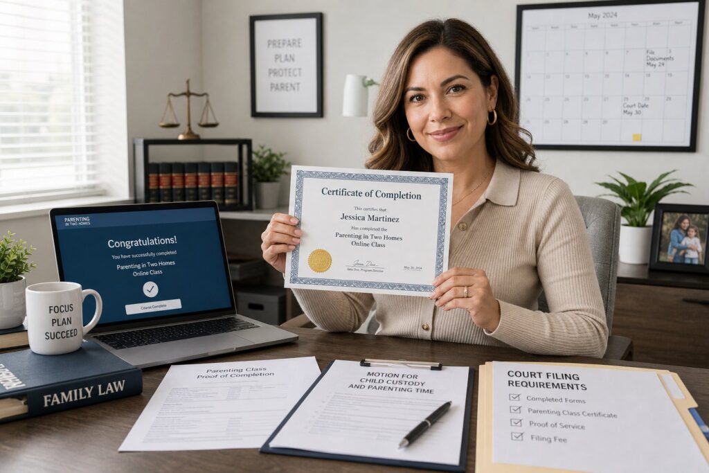 Parent reviewing a parenting class certificate for Florida court filing.