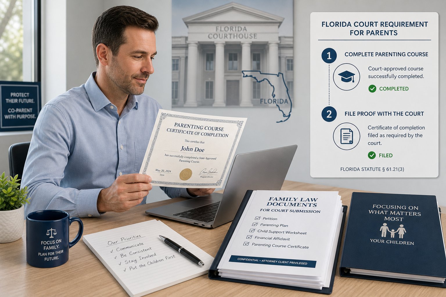 How to Get Your Florida Parenting Class Certificate 2 Parent reviewing a parenting class certificate for Florida court filing.