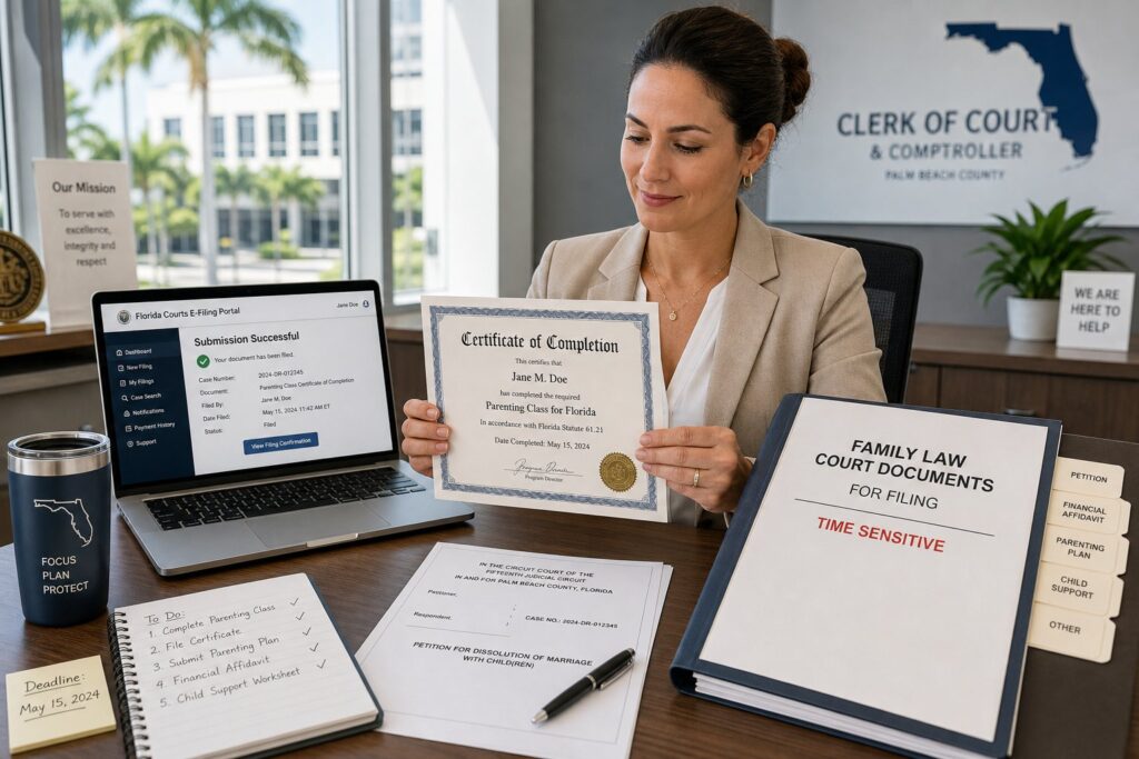 Parent reviewing a parenting class completion certificate in a court office.