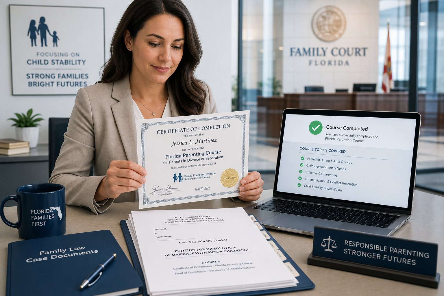 How to Submit Your Parenting Class Certificate to a Florida Court 2 Parent reviewing a parenting class completion certificate in a court office.
