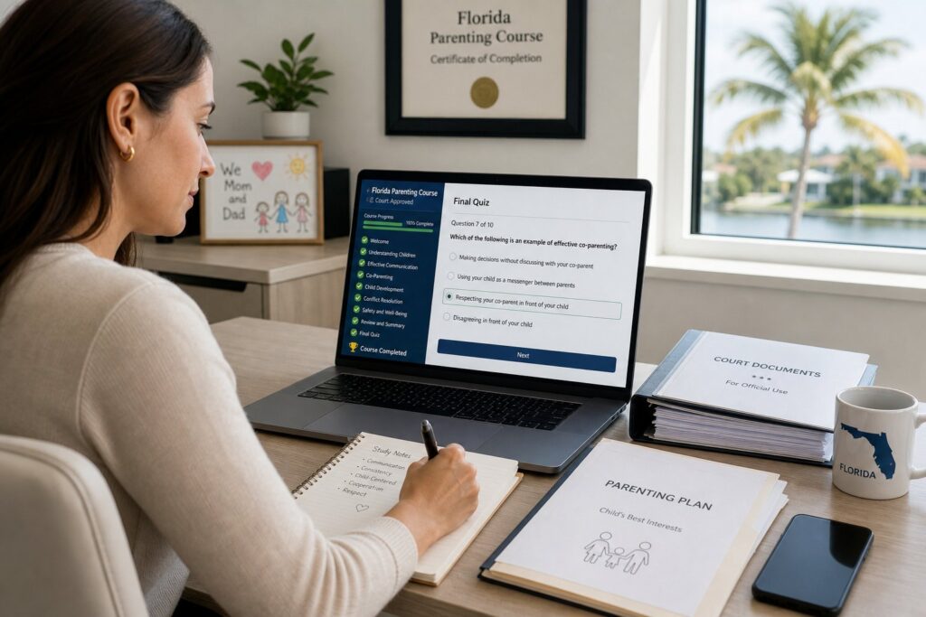 Parents reviewing Florida parenting course requirements with court guidance.