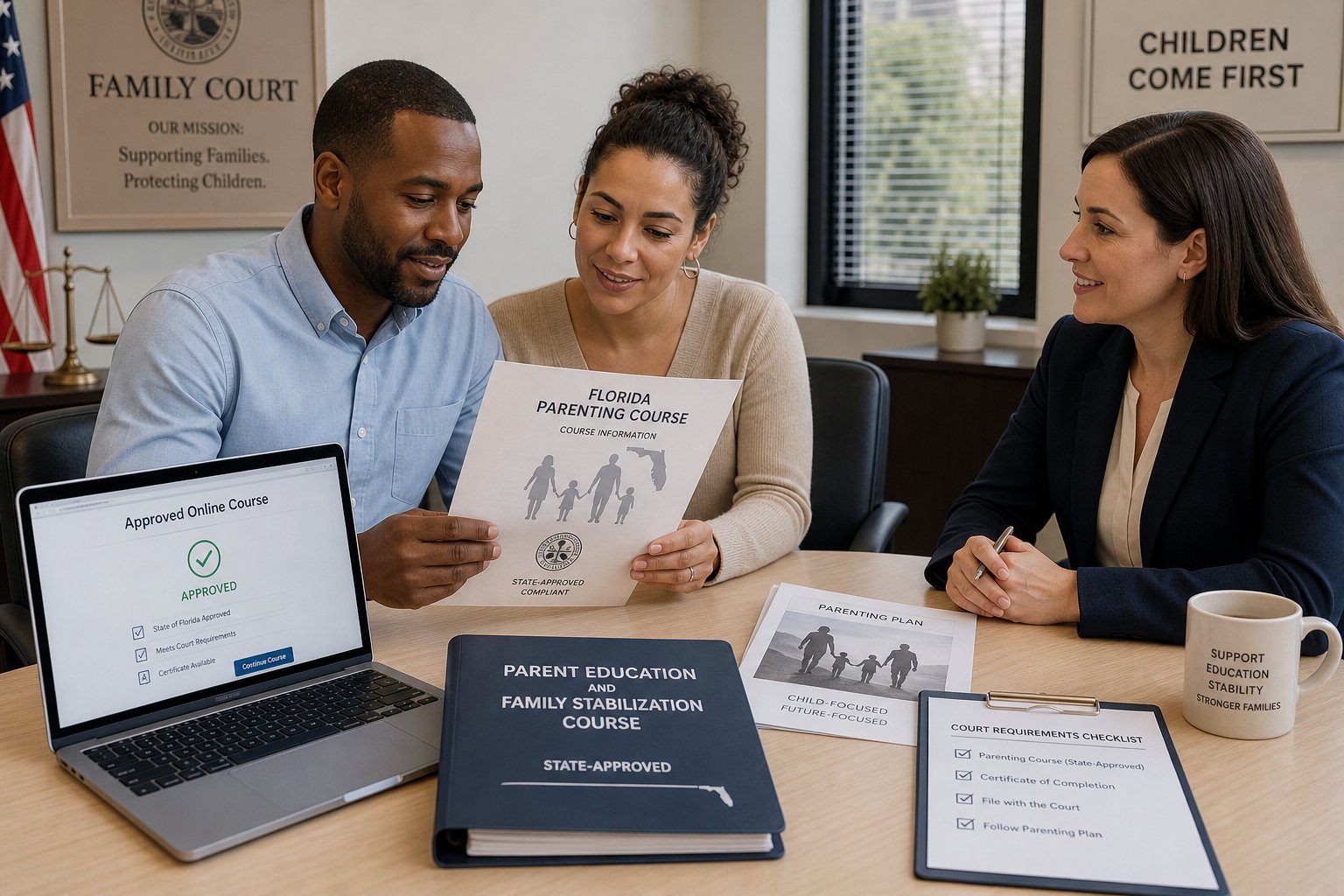 Is the Florida Parenting Class Final Exam Open Book? 2 Parents reviewing Florida parenting course requirements with court guidance.