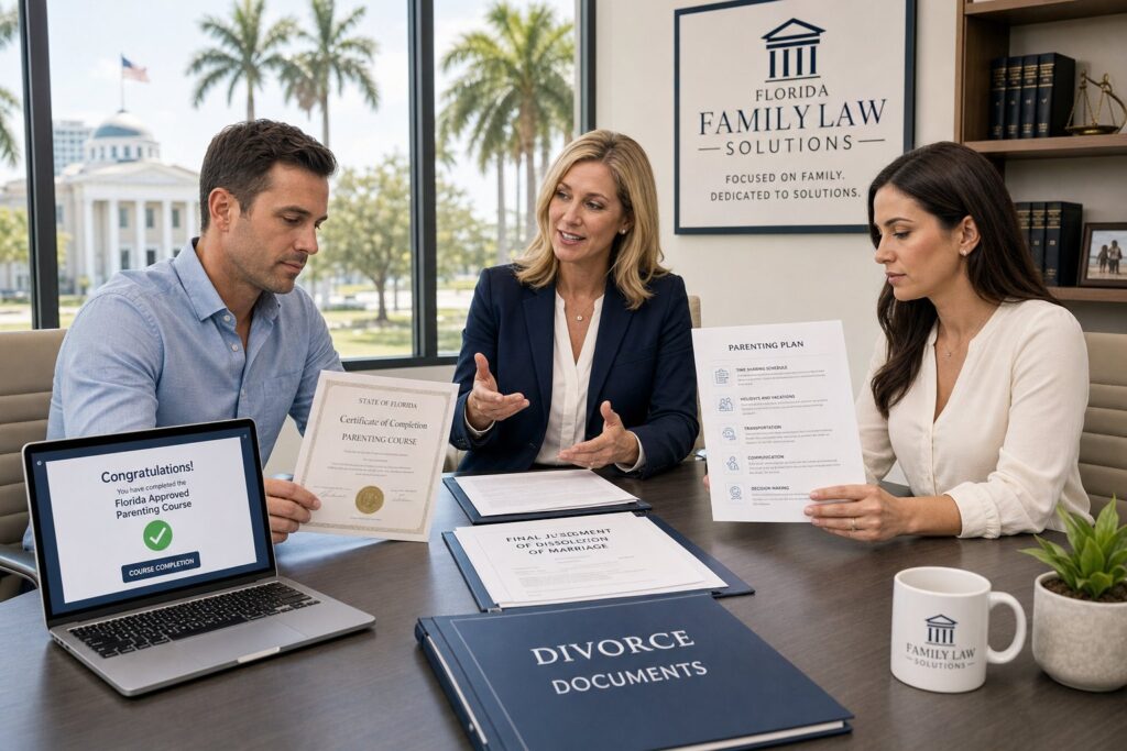Parents reviewing Florida-approved divorce parenting class requirements on laptops.