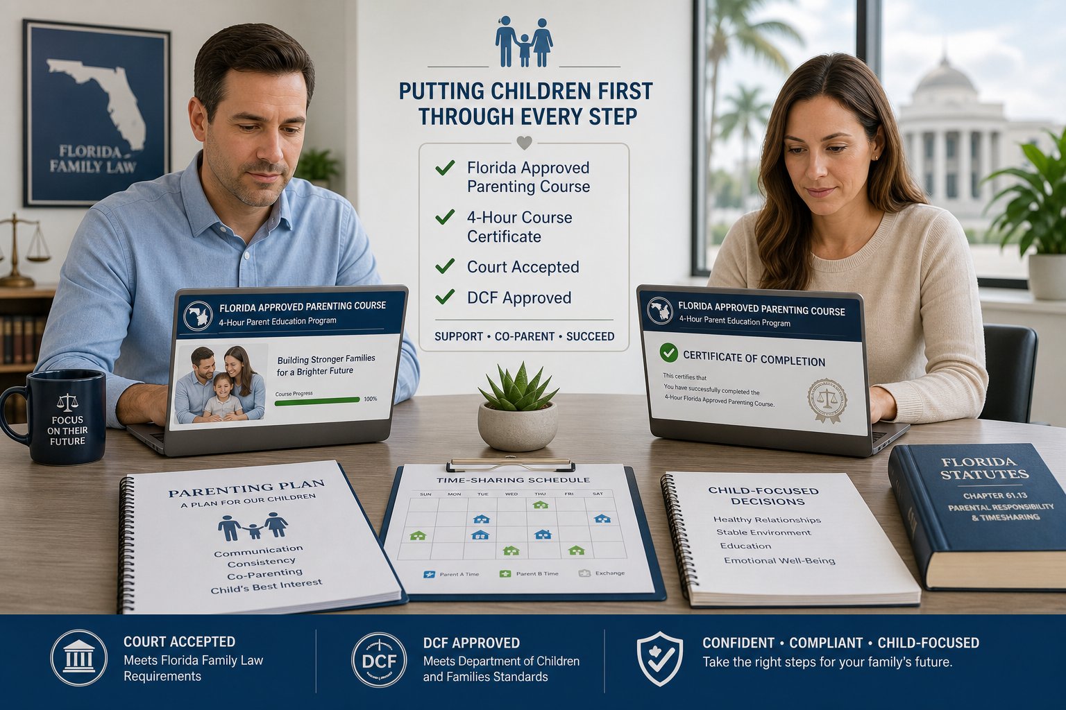 Is the Florida Parenting Class Required for an Uncontested Divorce? 2 Parents reviewing Florida-approved divorce parenting class requirements on laptops.