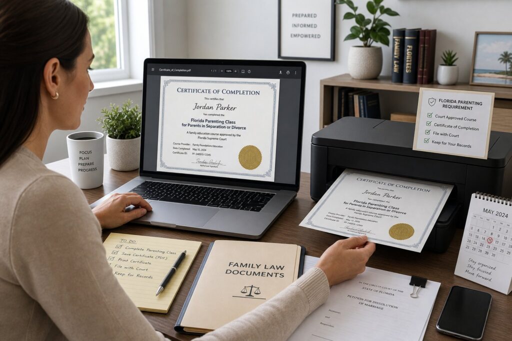 Parents reviewing parenting class certificates in a modern Florida legal office.