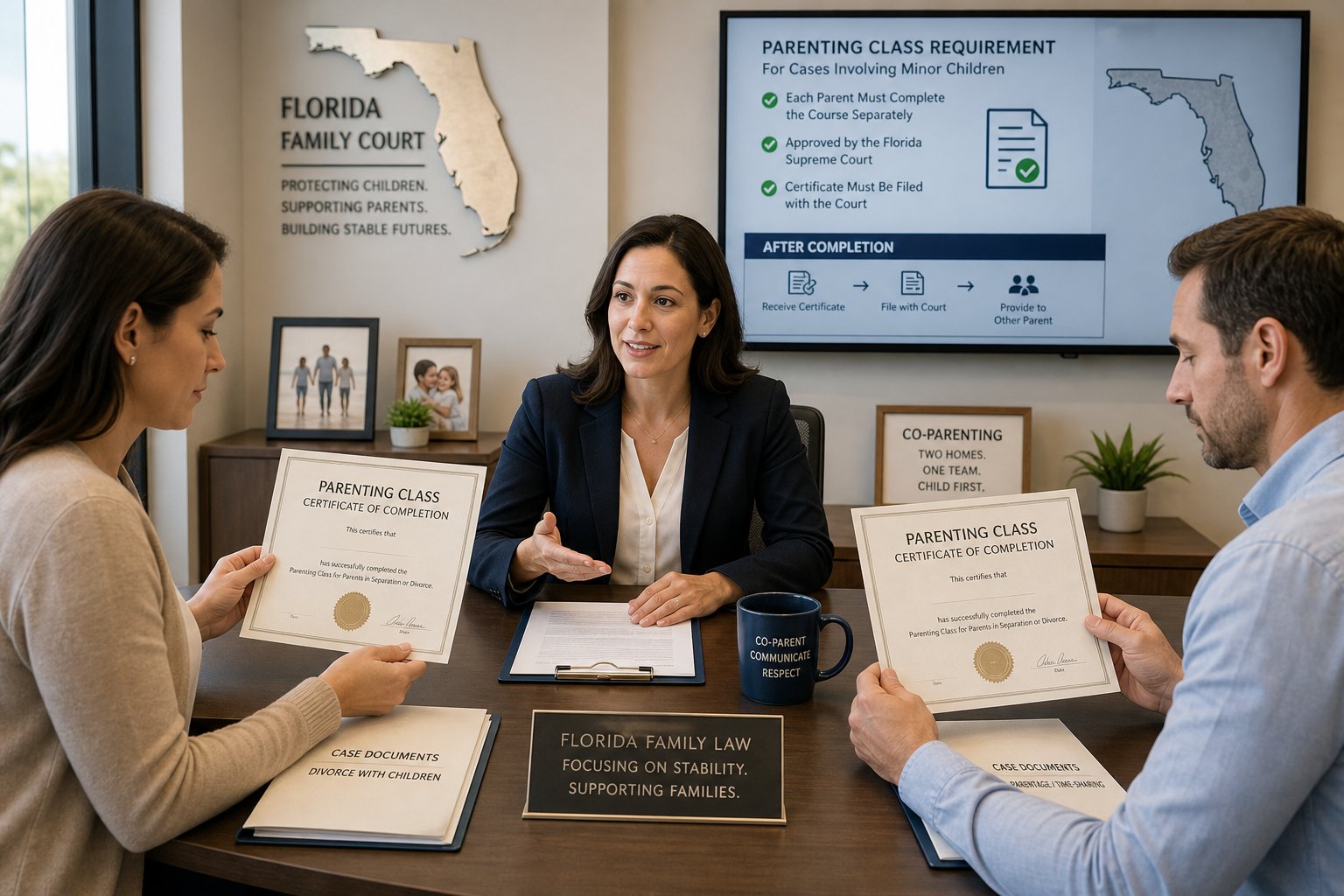 Lost Your Florida Parenting Class Certificate? How to Get Another Copy 2 Parents reviewing parenting class certificates in a modern Florida legal office.