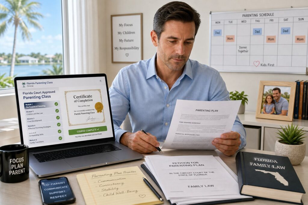 Parents reviewing a Florida parenting course with a counselor in a modern office.