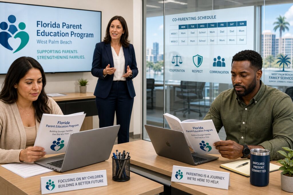 Parents reviewing court-required parenting class documents with a legal advisor.