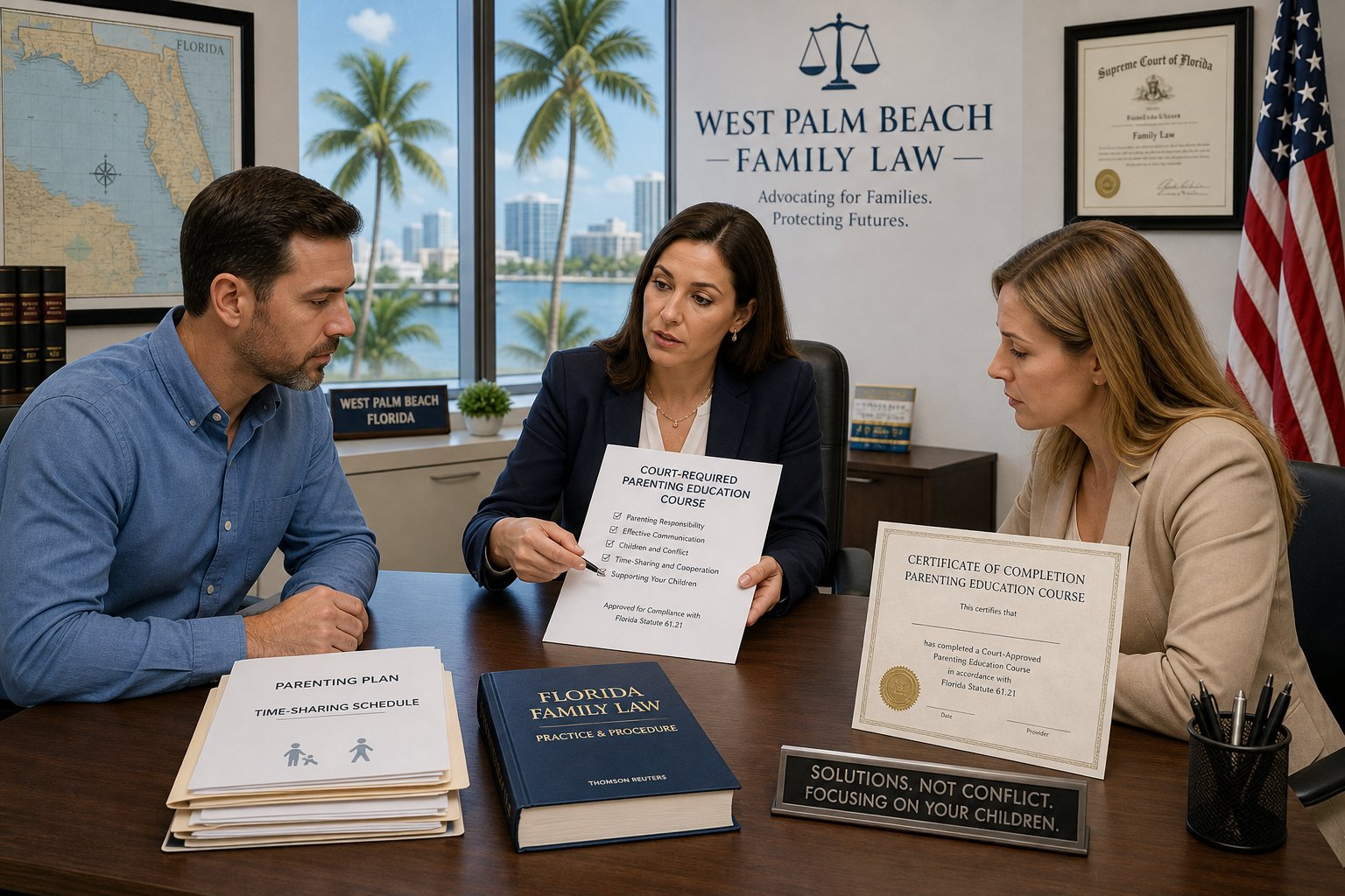 Palm Beach County Parenting Class Guide 2 Parents reviewing court-required parenting class documents with a legal advisor.