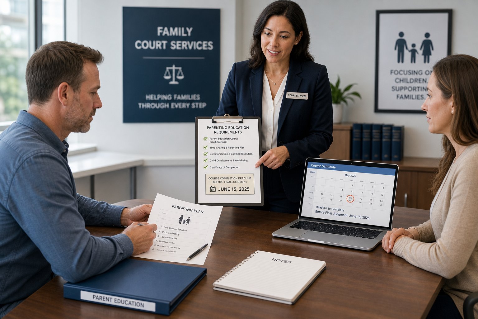 Parenting Classes Approved by Court: Questions to Ask Before You Enroll 2 Parents reviewing court-approved parenting class paperwork with a legal professional.