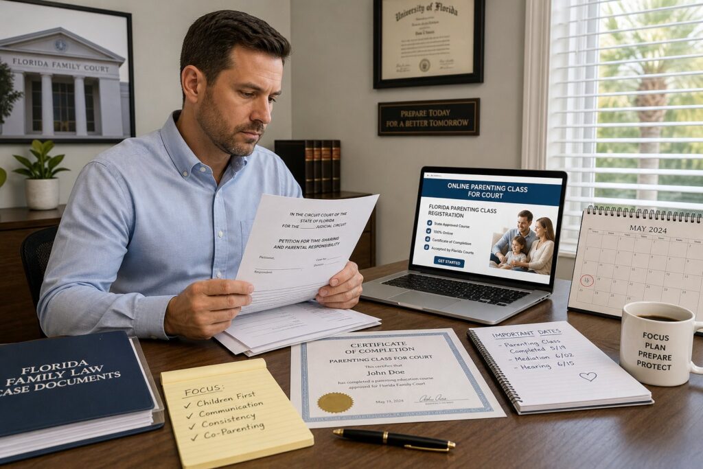 Parents reviewing court-required parenting class documents with a legal advisor.