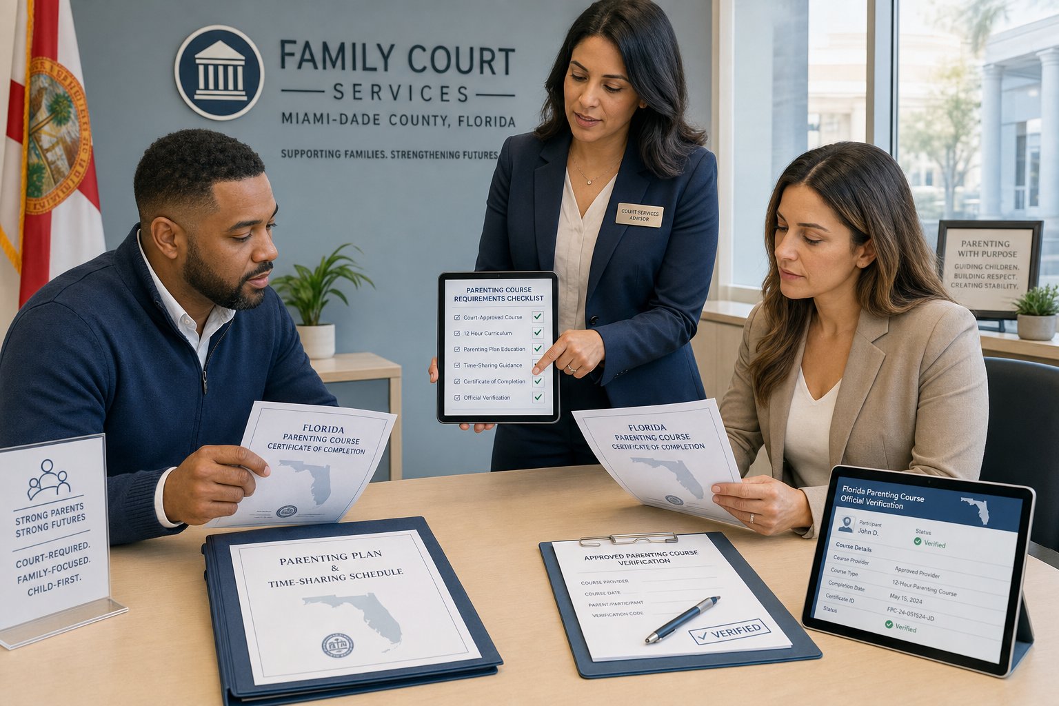 Parents reviewing court-required parenting class documents with a legal advisor.