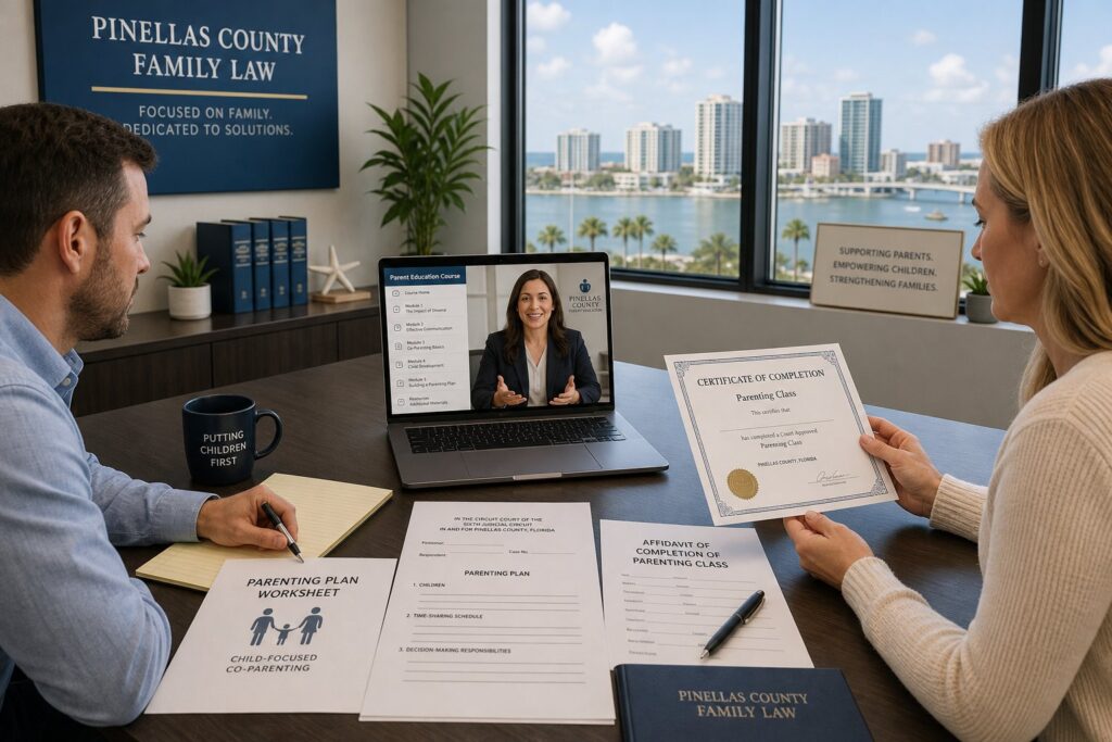 Parents reviewing required parenting class documents in a modern legal office.