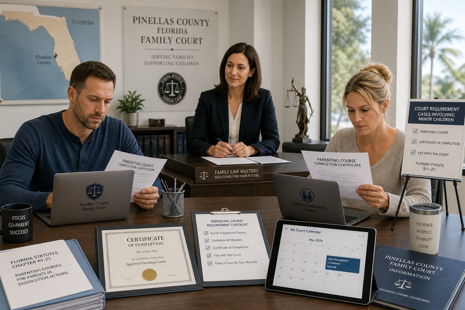 Parents reviewing required parenting class documents in a modern legal office.