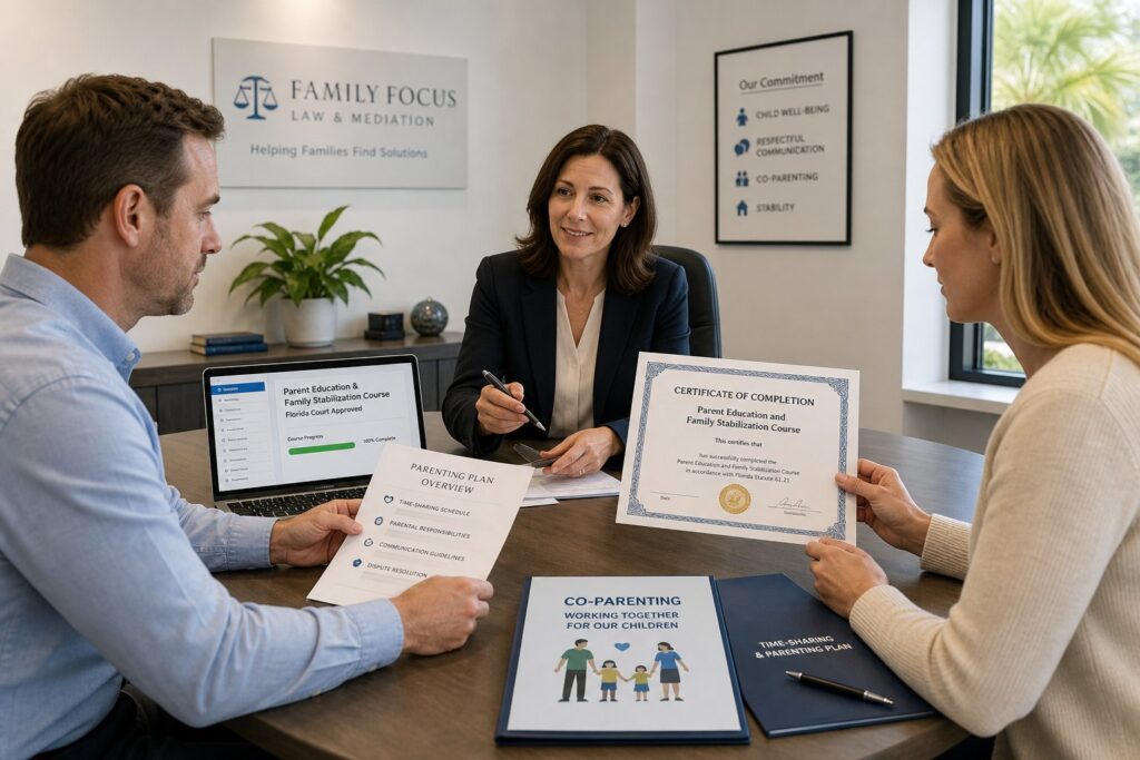 Parents in a modern class reviewing a Florida co-parenting course.