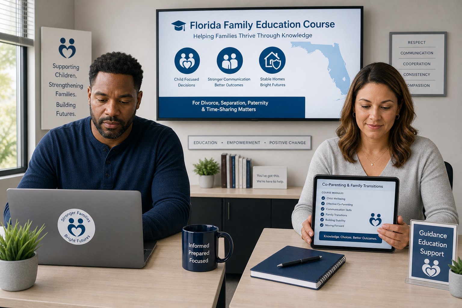 What Does the Florida Parent Education and Family Stabilization Course Cover? 2 Parents in a modern class reviewing a Florida co-parenting course.