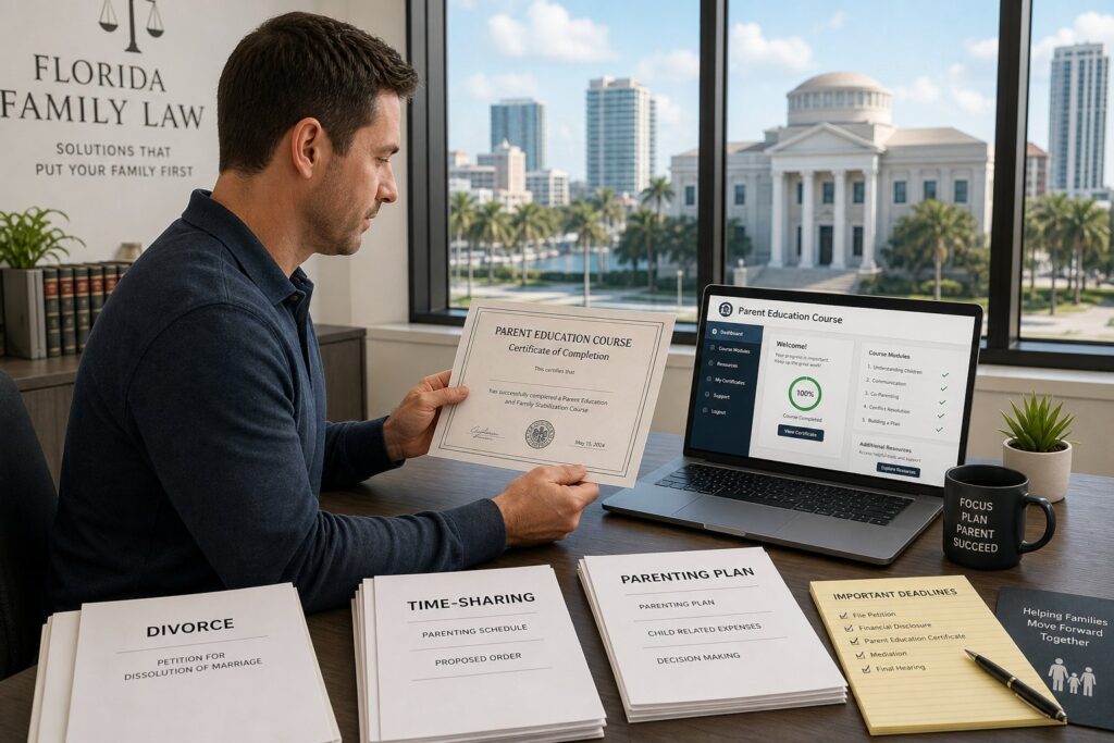 Parents reviewing Florida parenting class and family court documents with an advisor.
