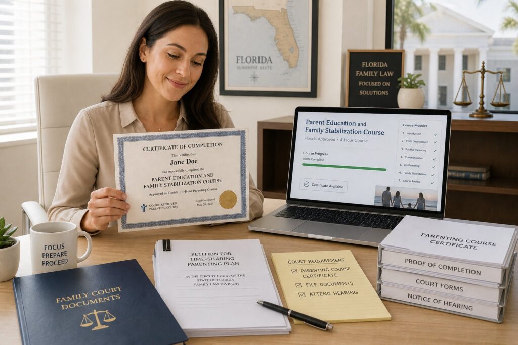 Two parents separately taking a court-approved parenting class in a legal office.