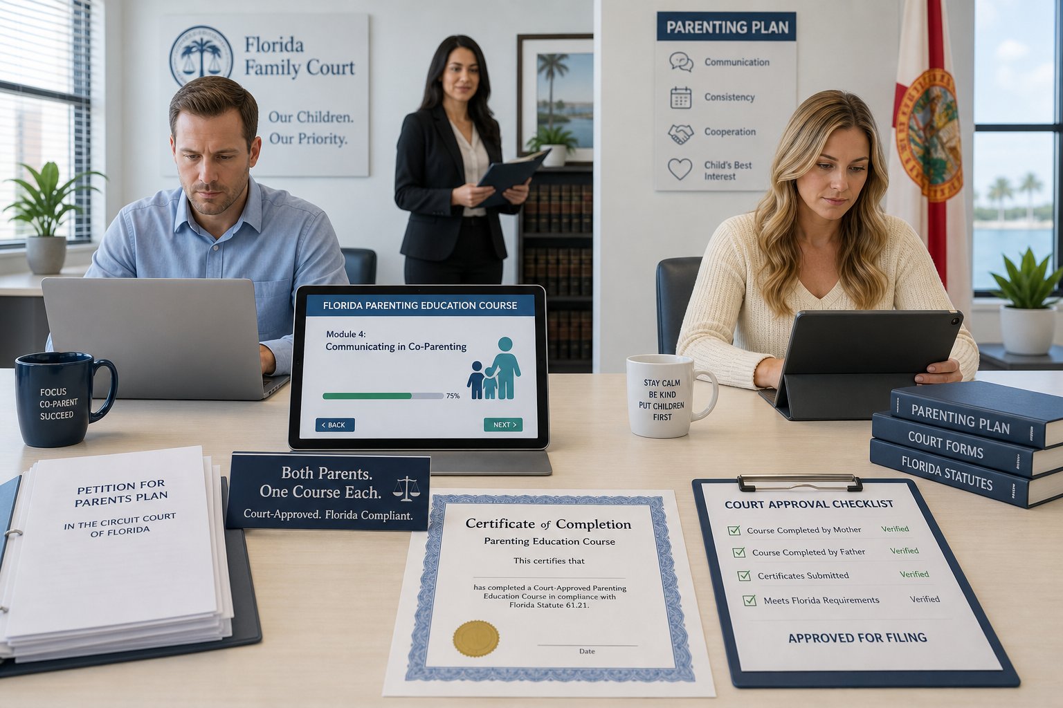 What If the Court Rejects My Parenting Class Certificate? 2 Two parents separately taking a court-approved parenting class in a legal office.