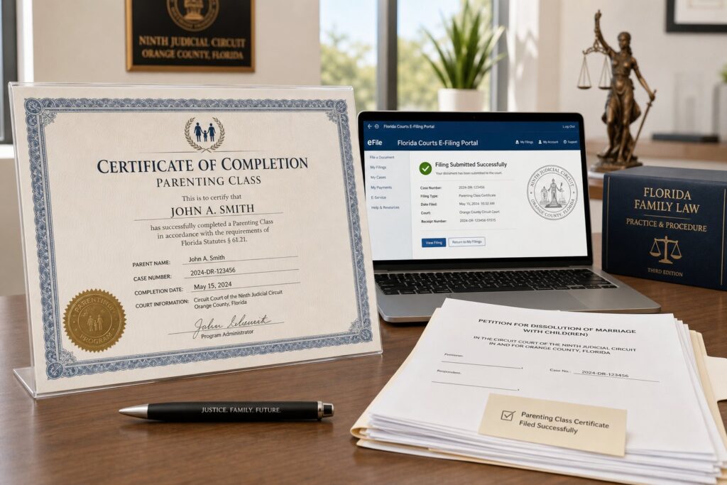 Parent reviewing a parenting class certificate with court filing documents.