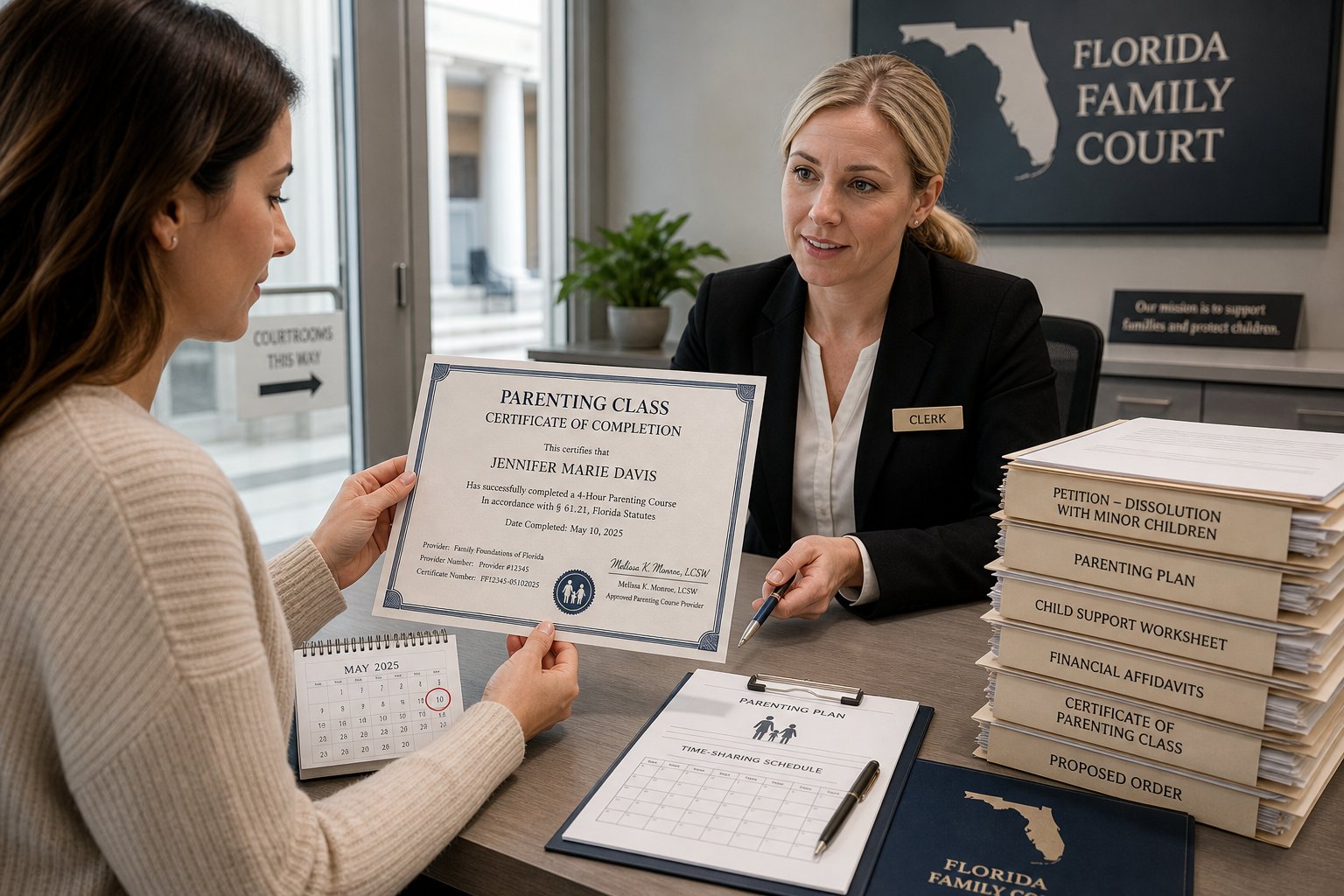 What Information Goes on a Florida Parenting Class Certificate? 2 Parent reviewing a parenting class certificate with court filing documents.