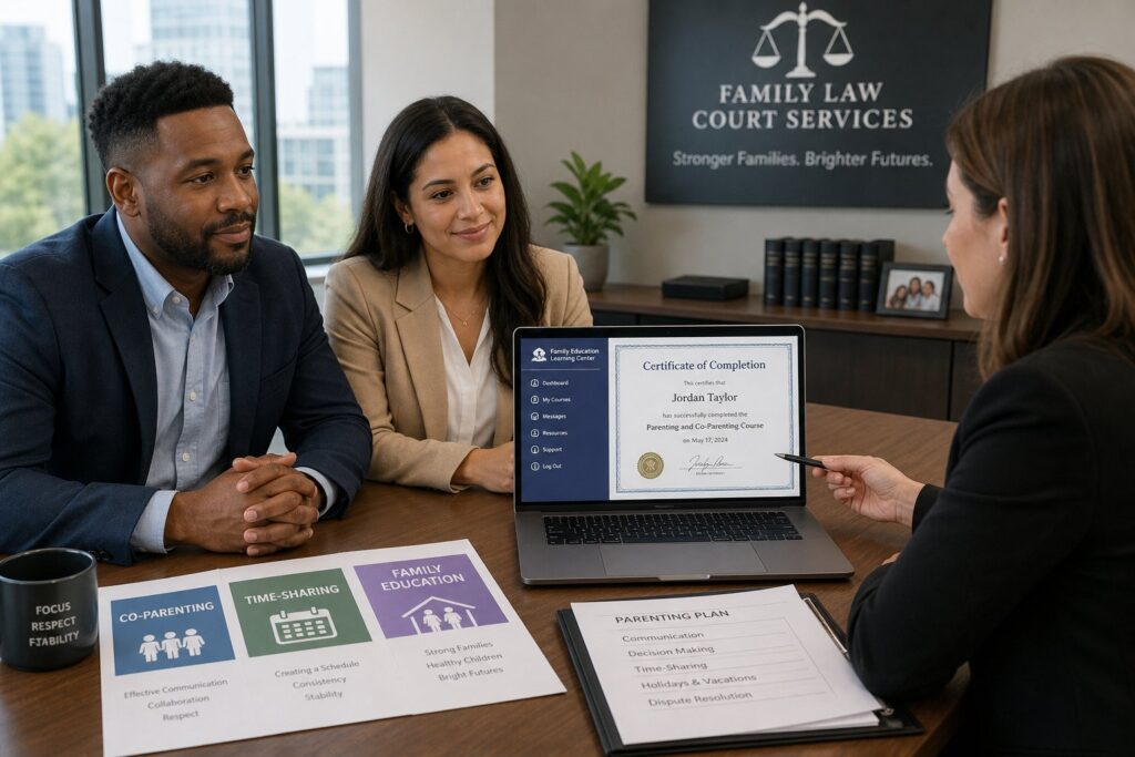 Two parents reviewing family court course paperwork with a legal professional.