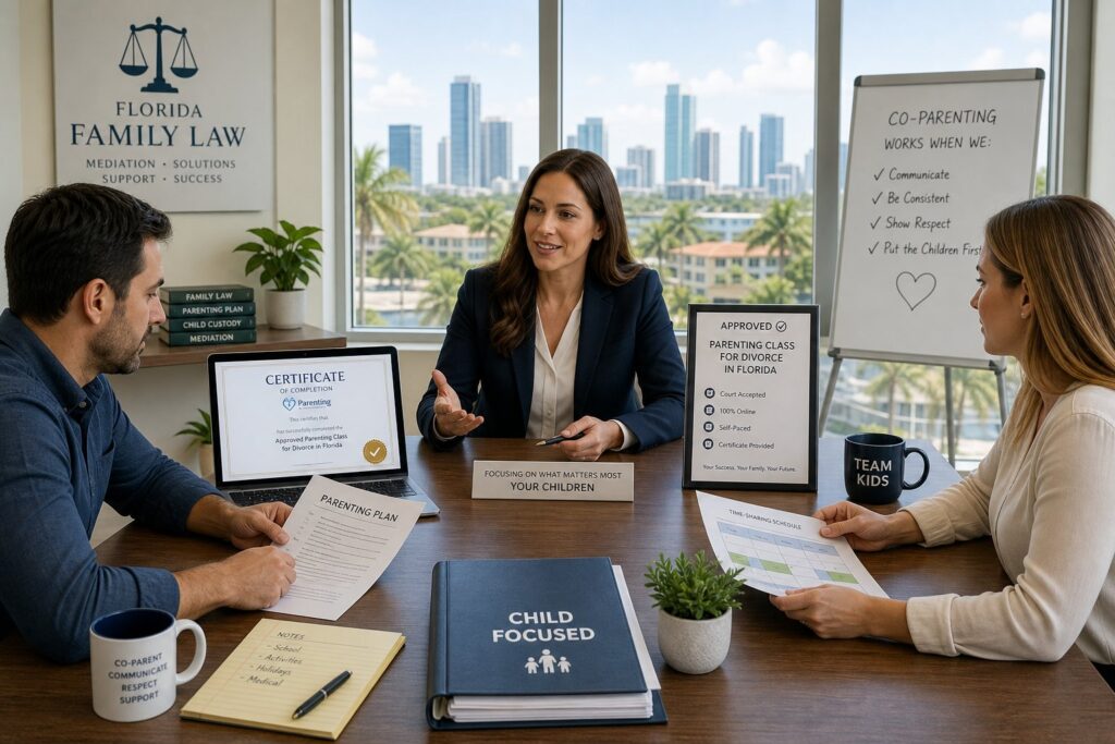 Parents reviewing Florida divorce parenting class documents in a professional office setting.