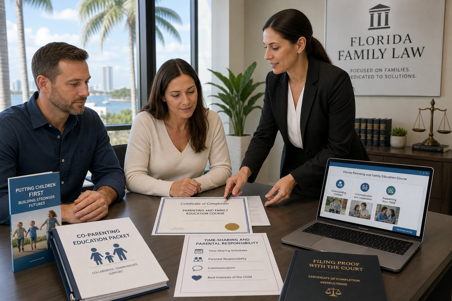 When Should You Take the Florida Parenting Class During Divorce? 2 Parents reviewing Florida divorce parenting class documents in a professional office setting.