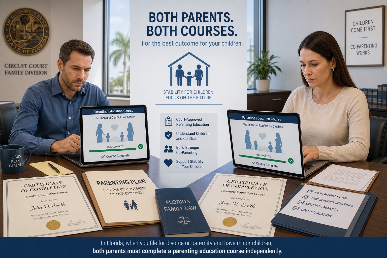 Who Has to Take the Florida Parent Education and Family Stabilization Course? 2 Two parents separately taking a court-required parenting course in a legal office.