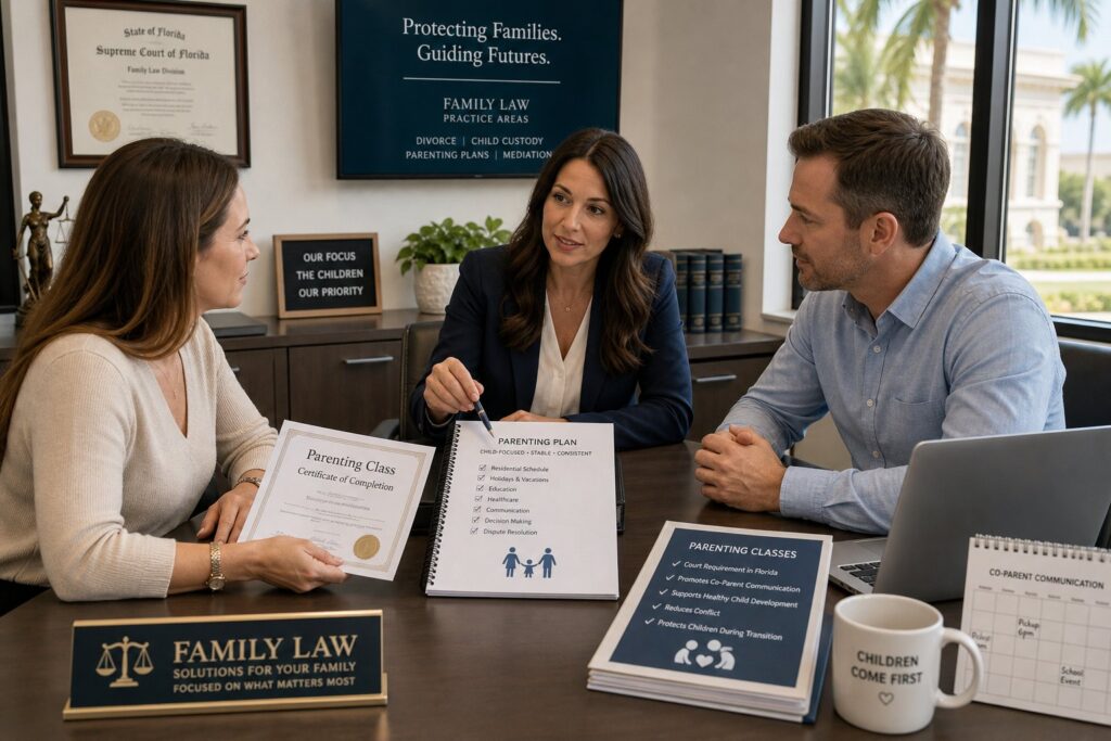 Divorcing parents meeting with a counselor about co-parenting and children’s needs.