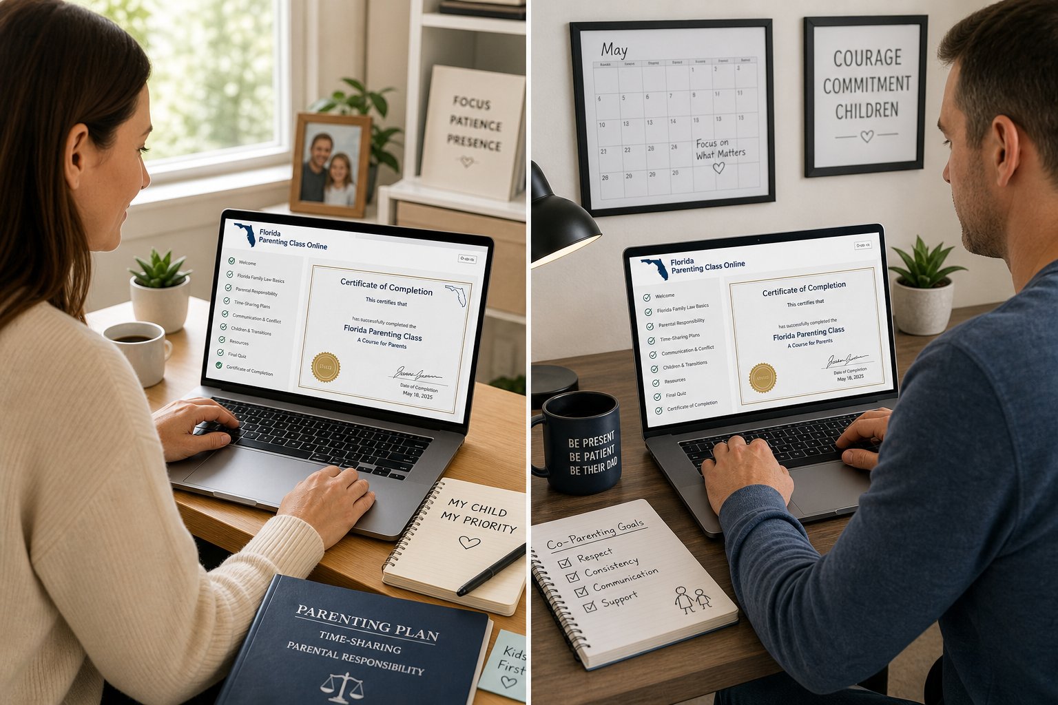 Will a Florida Court Accept an Online Parenting Class Certificate? 2 Two parents separately taking an online Florida parenting class on laptops.